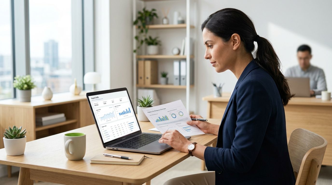 Professional reviewing an anonymised organic-search performance dashboard and written findings in a bright modern office.