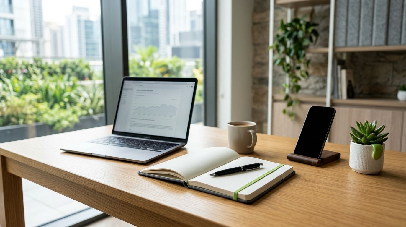 A bright consultation workspace with a notebook, laptop, phone, and green detail