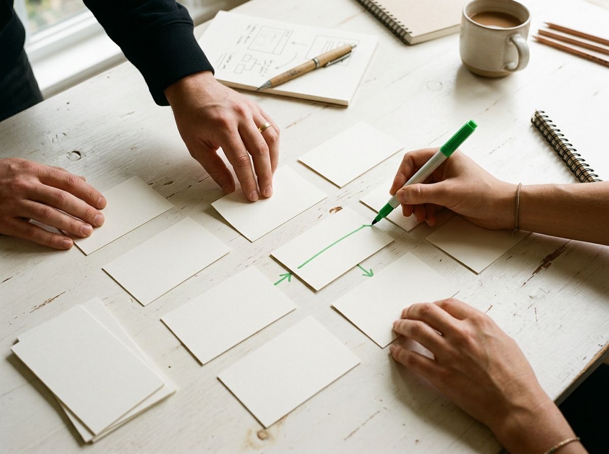 Hands arranging blank website journey cards with a green marker on a warm off-white table.