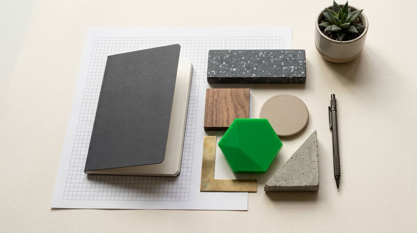 Architectural grid paper, a charcoal notebook, geometric cards, and a vivid green object arranged on a warm surface.