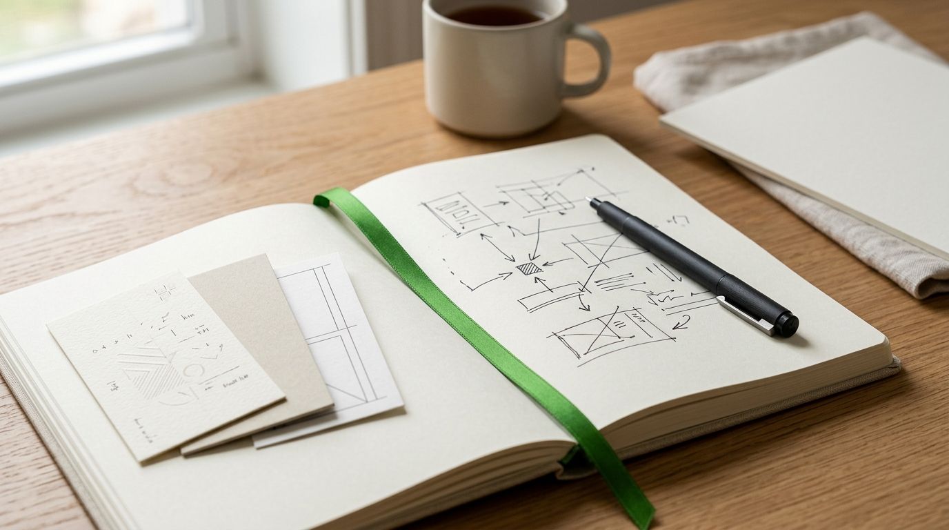 Open planning notebook, structured paper cards, dark pen, and green bookmark on a warm off-white desk.