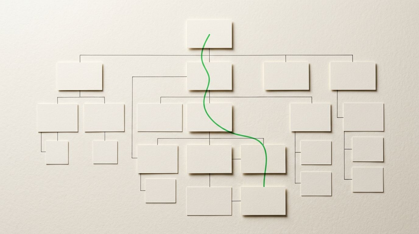 Abstract top-down composition of website architecture cards, grids, notes, and a parrot green route line on warm off-white.