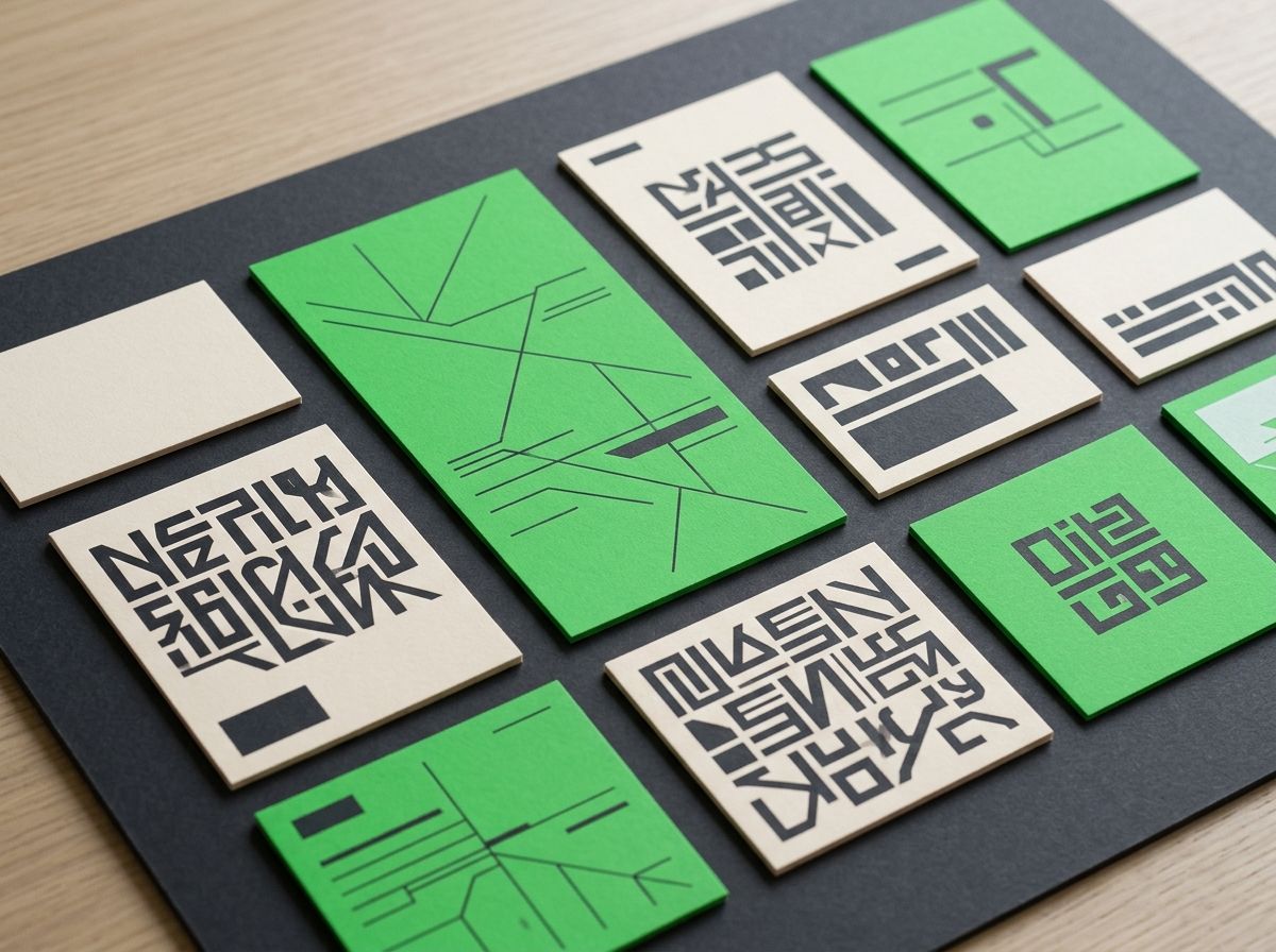 Close crop of an abstract website interface design board with modular cards, typographic shapes, charcoal surfaces, warm off-white space, and a parrot green accent.