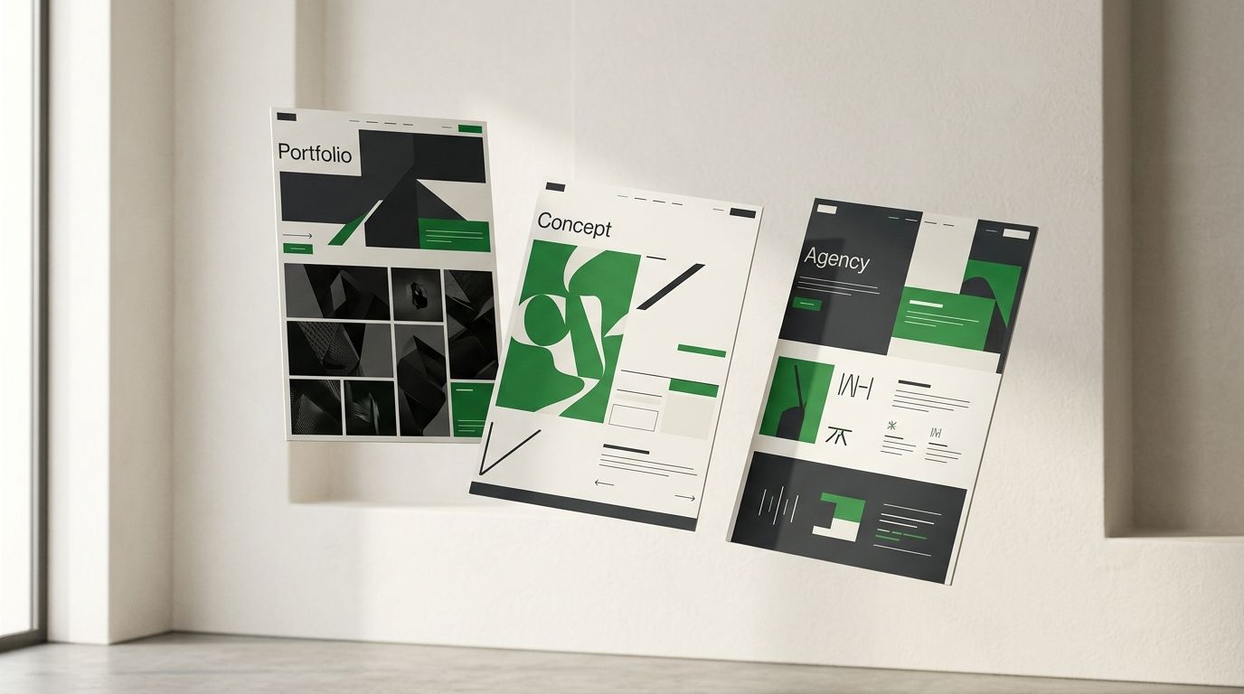 Abstract digital gallery showing three website page compositions as editorial panels with charcoal framing and green accents.